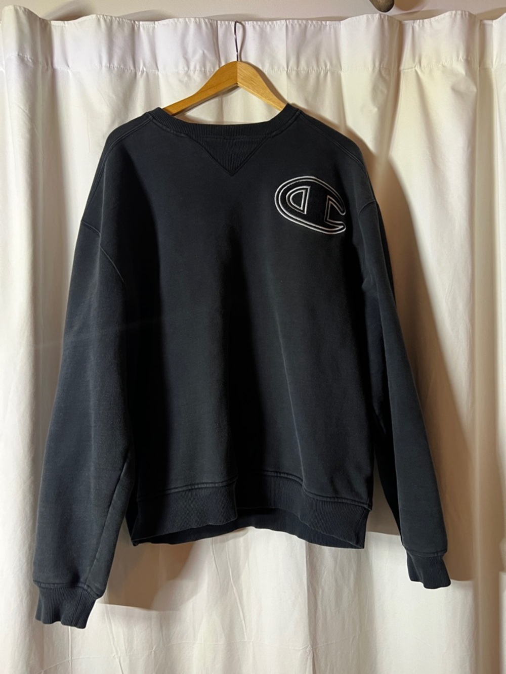 Champion Black Crewneck Sweatshirt with White Logo Patch